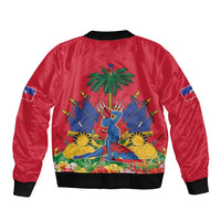 Red bomber jacket with black ribbed collar and back Haiti graphic illustration.