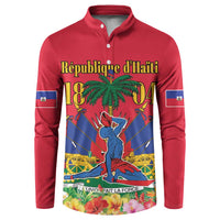 Red long-sleeve henley sweatshirt with button placket and Haiti 1804 front graphic