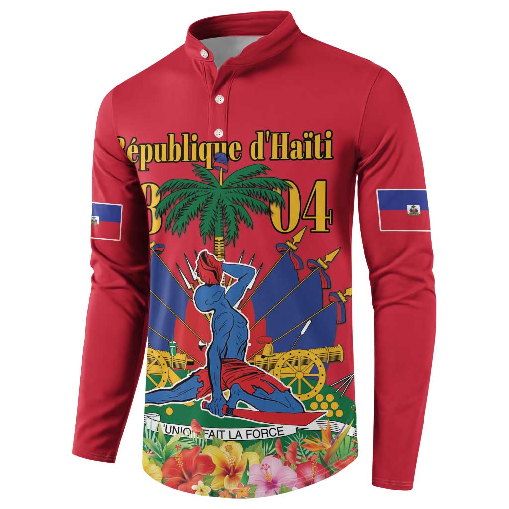 Red long-sleeve henley sweatshirt with button placket and Haiti 1804 scene graphic