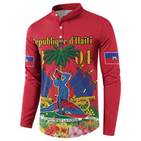 Red long-sleeve henley sweatshirt with button placket and Haiti 1804 scene graphic