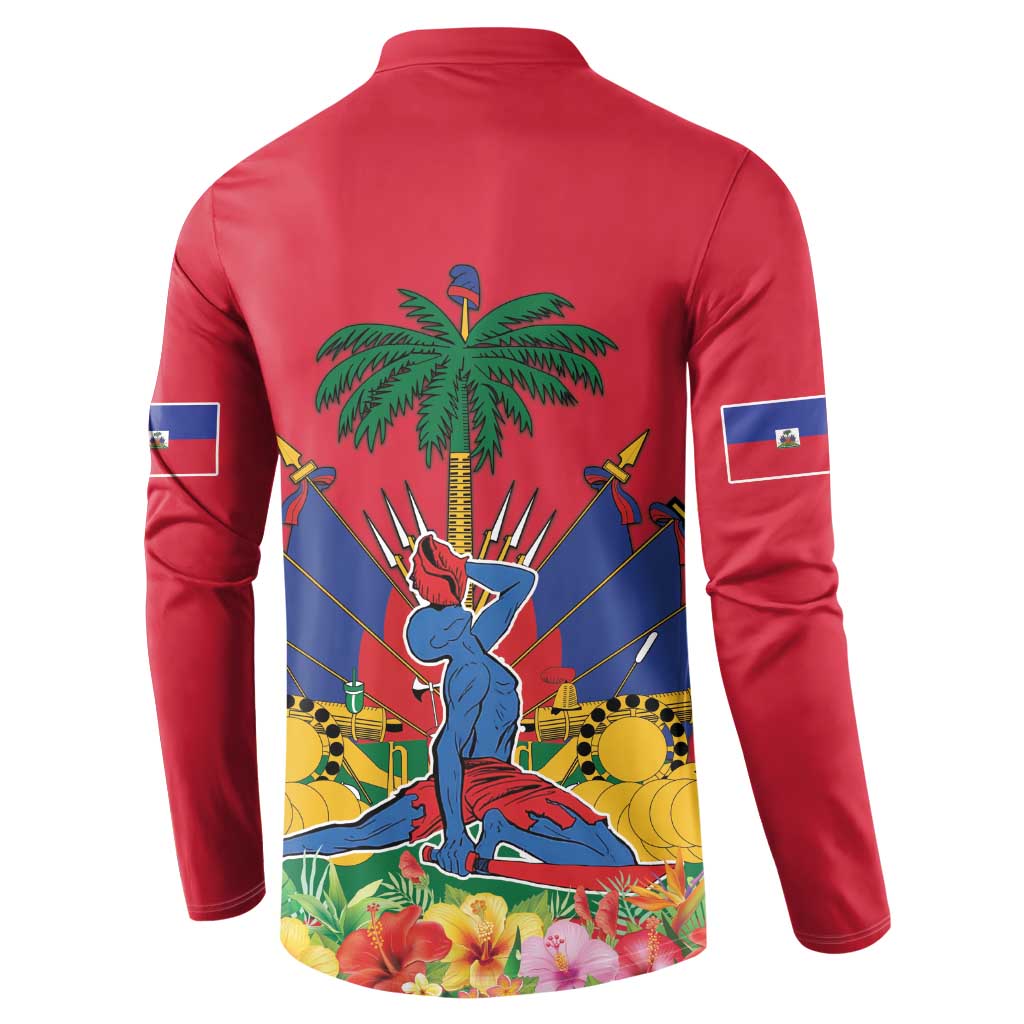 Red long-sleeve henley sweatshirt with button placket and Haiti back graphic with palm tree