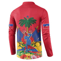 Red long-sleeve henley sweatshirt with button placket and Haiti back graphic with palm tree