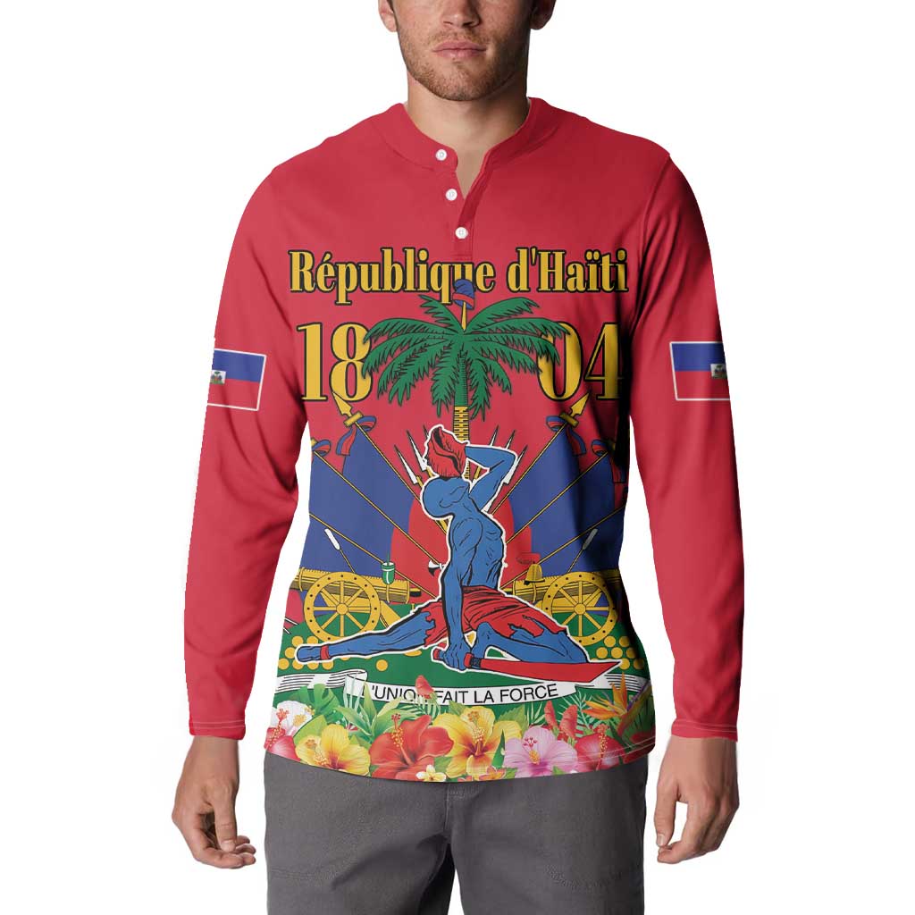Red long-sleeve henley sweatshirt with button placket and Haiti warrior under 1804 graphic