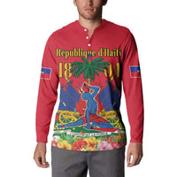 Red long-sleeve henley sweatshirt with button placket and Haiti warrior under 1804 graphic