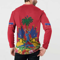 Red long-sleeve henley sweatshirt with button placket and Haiti back graphic with palm and flowers