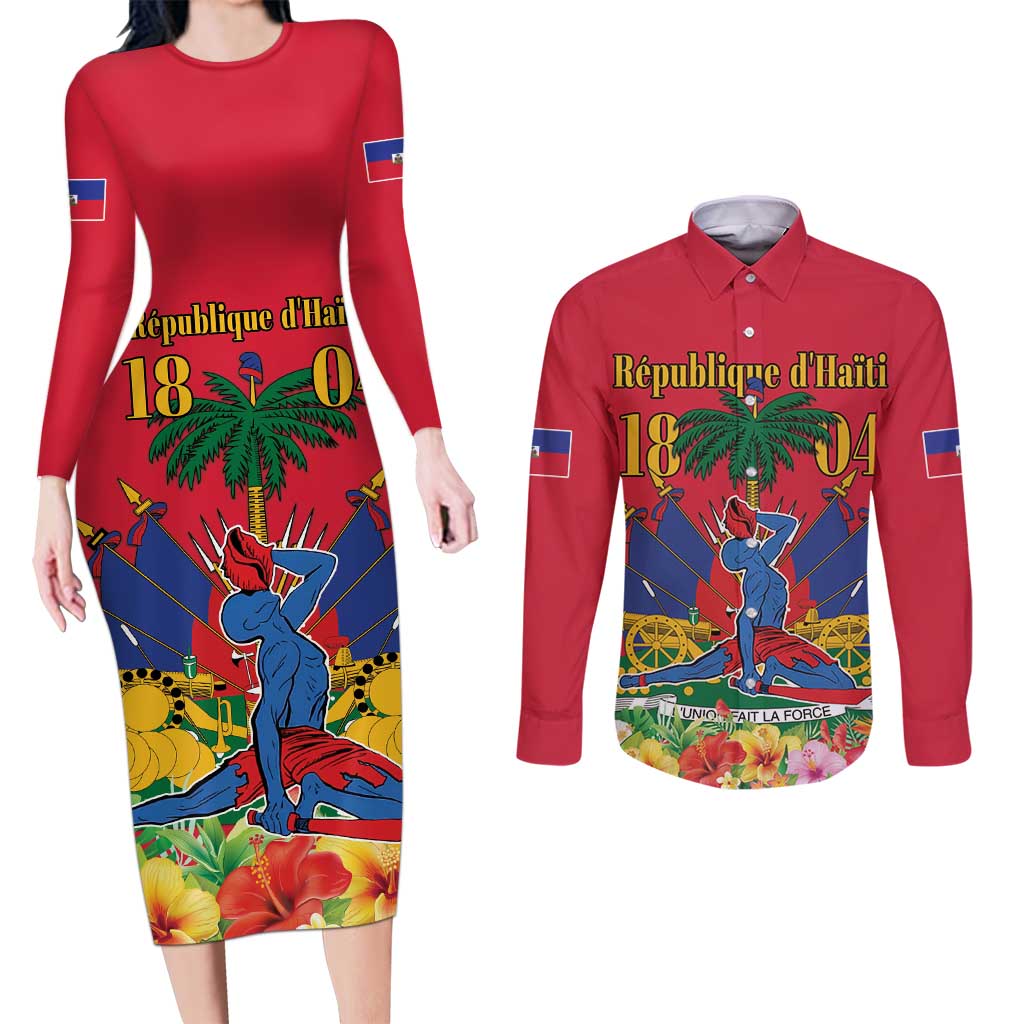 Haiti Independence Day Couples Matching Long Sleeve Bodycon Dress and Long Sleeve Button Shirt Le Marron Inconnu Unity Makes Strength - Wonder Print Shop