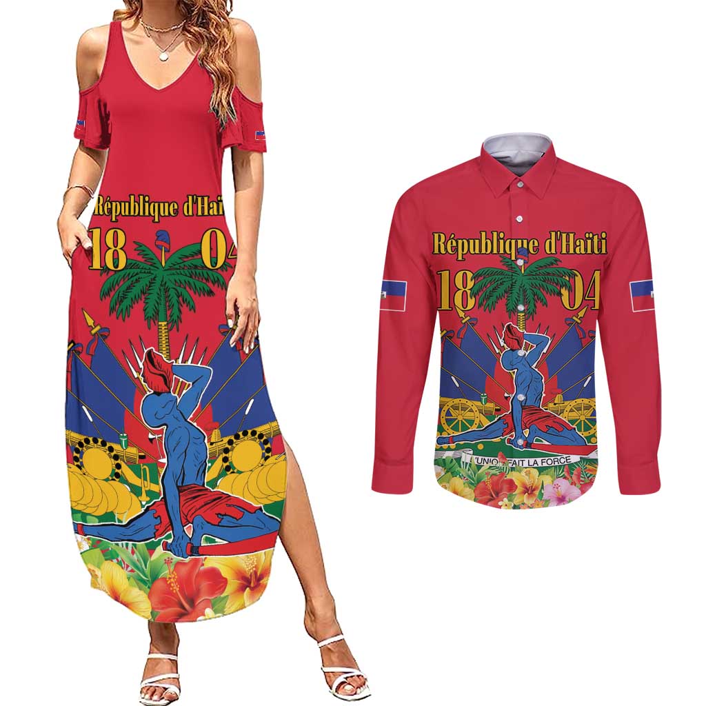 Haiti Independence Day Couples Matching Summer Maxi Dress and Long Sleeve Button Shirt Le Marron Inconnu Unity Makes Strength - Wonder Print Shop