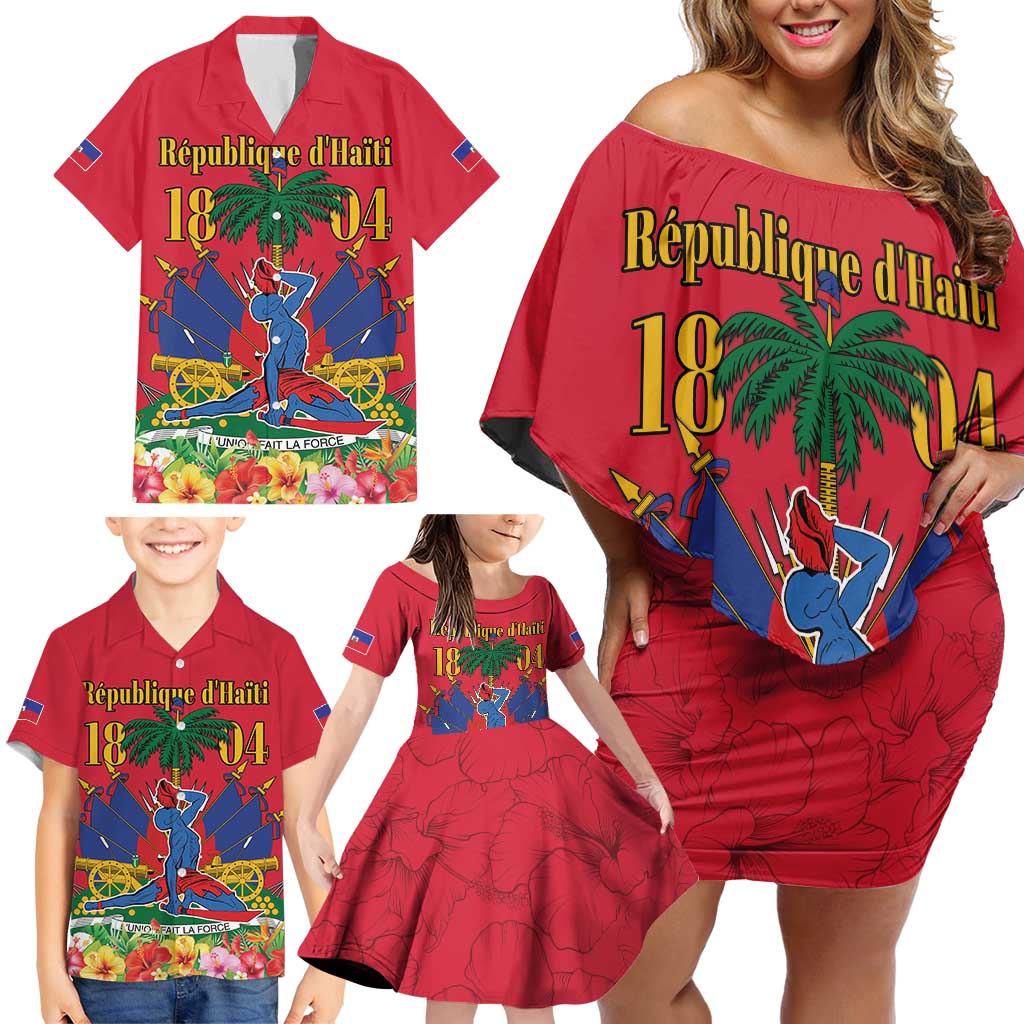 Haiti Independence Day Family Matching Off Shoulder Short Dress and Hawaiian Shirt Le Marron Inconnu Unity Makes Strength - Wonder Print Shop