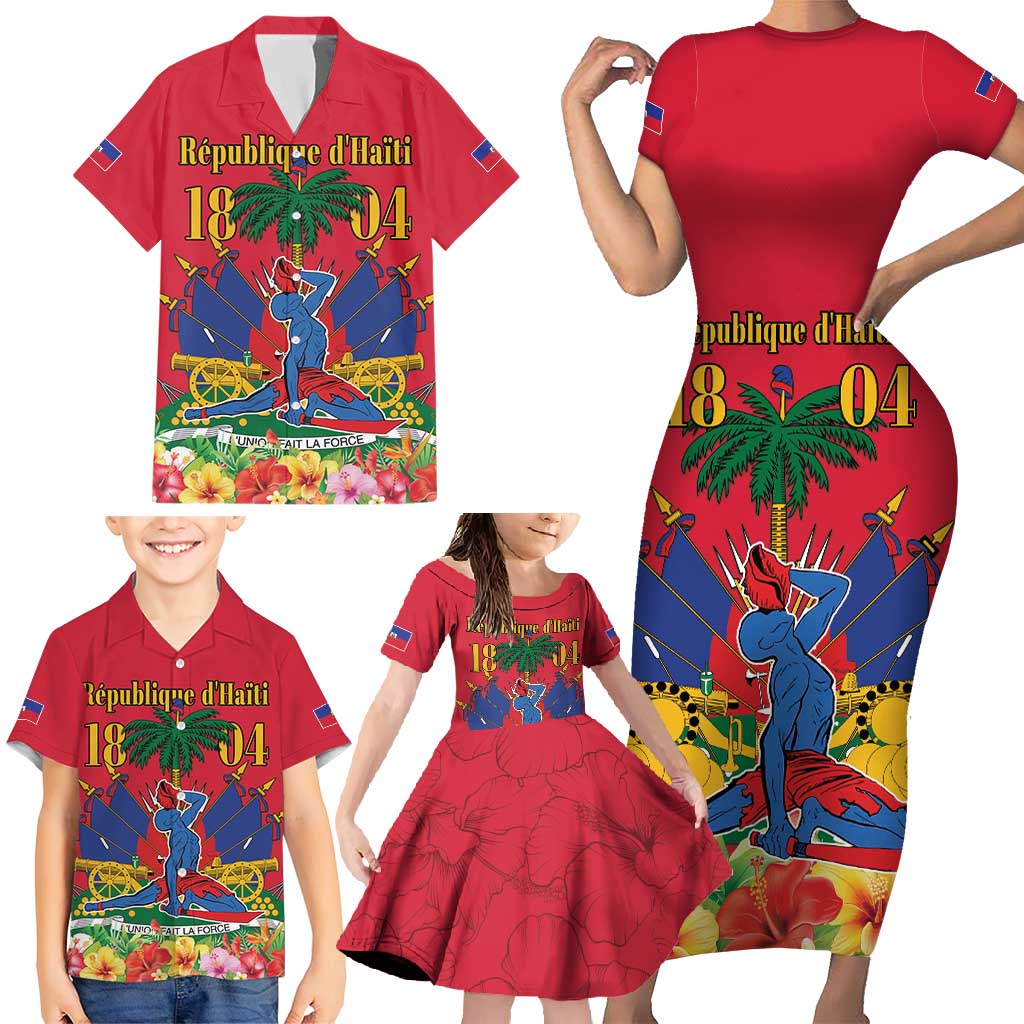 Haiti Independence Day Family Matching Short Sleeve Bodycon Dress and Hawaiian Shirt Le Marron Inconnu Unity Makes Strength - Wonder Print Shop