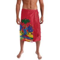 Red graphic wrap-style lava lava shorts with palm tree and beach scene panel