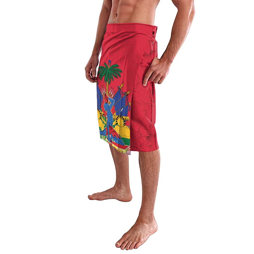 Red graphic knee-length shorts with palm tree and colorful coastal artwork on side