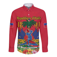 Red long sleeve button shirt with front graphic and collar placket
