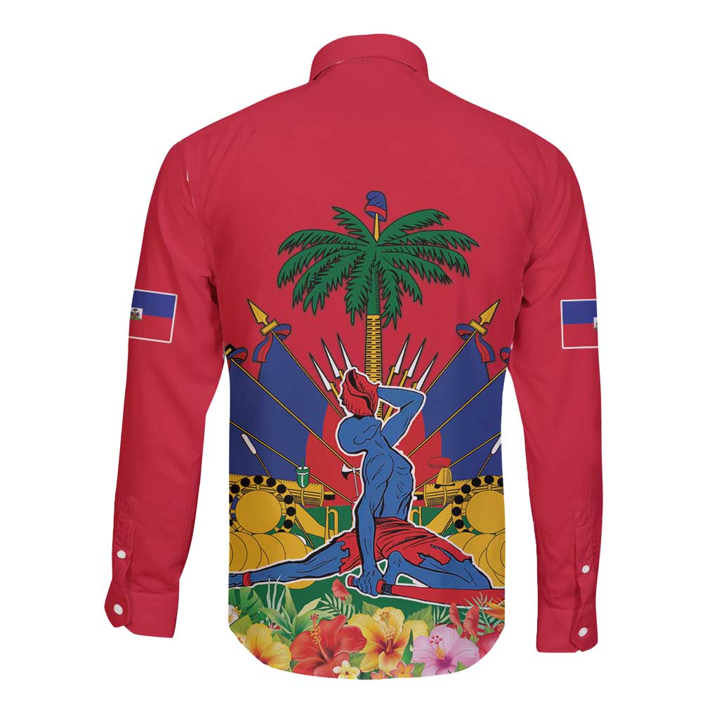 Red long sleeve button shirt with back palm-tree warrior graphic