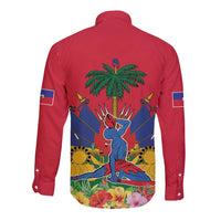 Red long sleeve button shirt with back palm-tree warrior graphic