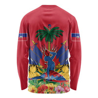Red long-sleeve shirt with back graphic featuring palm tree and seated figure