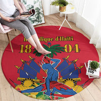 Red round carpet with Haitian-style unity graphic, palm tree and 18 04 numerals