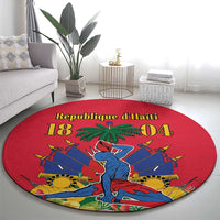 Red round carpet with Haitian-style graphic, standing figure, palm tree and 18 04