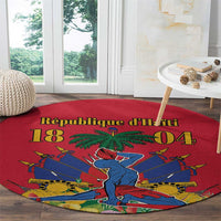 Red round carpet with Haitian-style coat graphic, palm tree and 18 04 numerals
