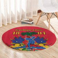 Red round carpet with Haitian-style graphic featuring palm tree and 18 04 numerals