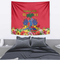 Red Haiti Independence Day tapestry with palm, emblem, and floral border