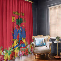 Red Haiti-themed window curtains with coat of arms and tropical flower print