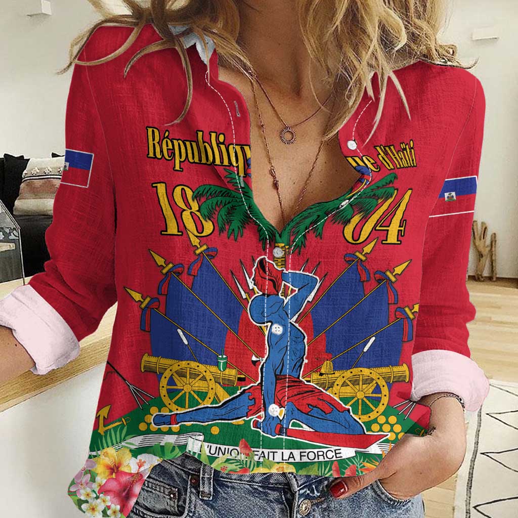 Women's casual red shirt with colorful unity graphic, long sleeves and V-neck