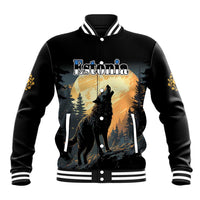 Black baseball jacket with striped collar, front zipper, Estonia wolf graphic