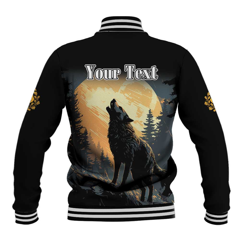 Black baseball jacket with striped rib trim, back wolf scene and 'Your Text' print