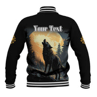 Black baseball jacket with striped rib trim, back wolf scene and 'Your Text' print