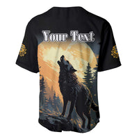 Black baseball jersey back with “Your Text” and wolf howling forest sunset graphic