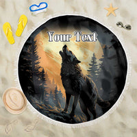 Round black beach blanket with fringe, wolf howling graphic and “Your Text” centered