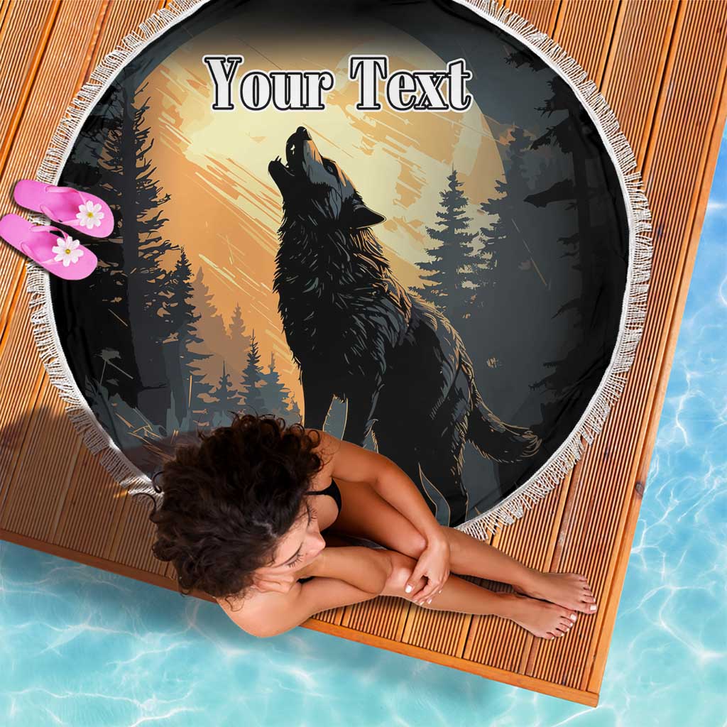 Round beach blanket with fringe, wolf howling graphic and “Your Text” over dark background