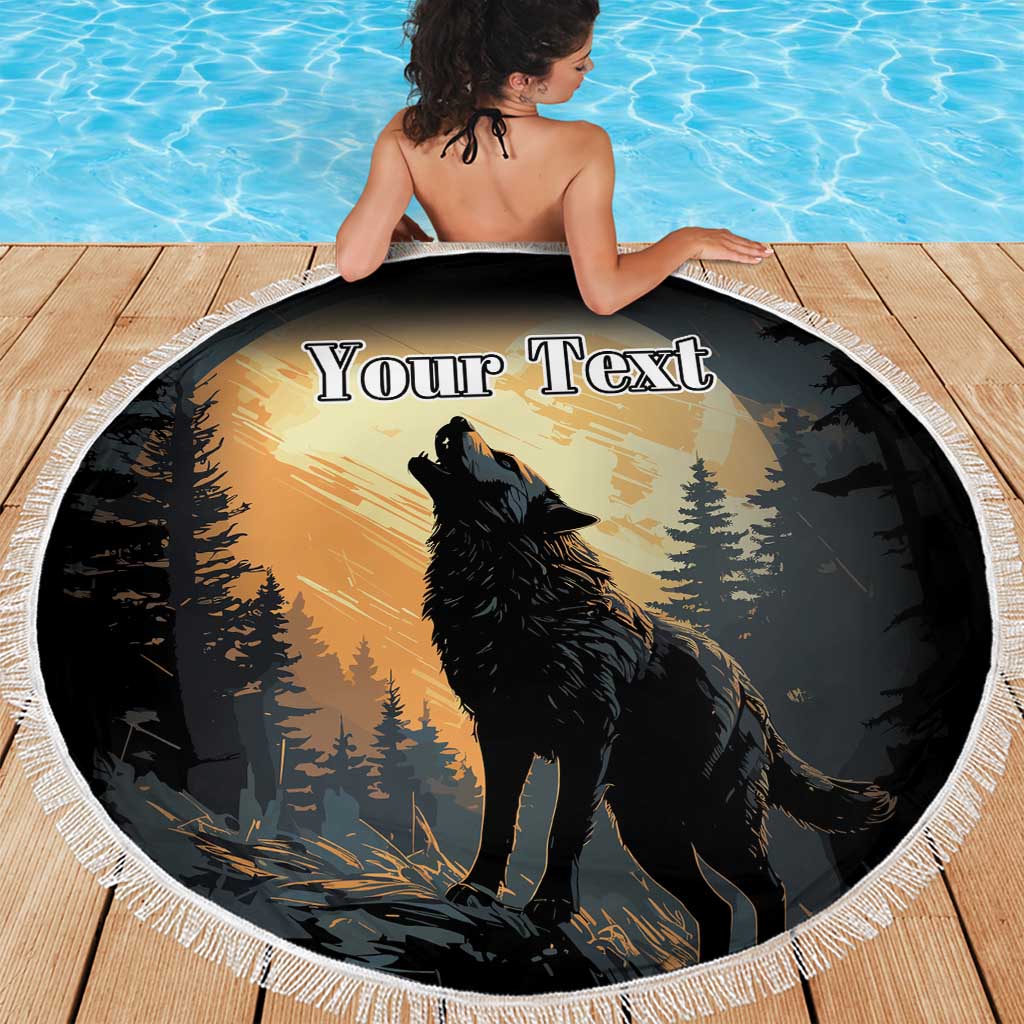 Round beach blanket with fringe, wolf howling graphic and “Your Text” centered