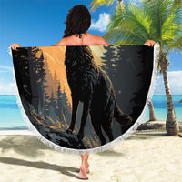 Round black beach blanket with fringe, wolf howling graphic centered and stretched open