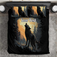 Black wolf howl duvet cover and pillowcases with pine forest sunset and 'Your Text' print