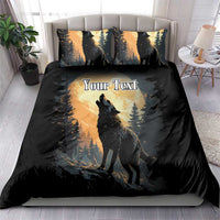 Black wolf howl duvet set with two pillow shams, pine trees, sunset moon scene, 'Your Text'