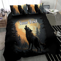 Black wolf howling duvet cover with 'Your Text' panel and pine forest artwork on bed