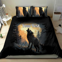 Black wolf howling bedding set with centered 'Your Text' print and matching pillow shams