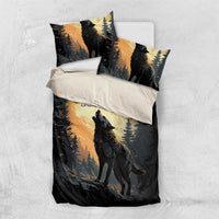 Black wolf howling duvet and pillow shams with pine sunset scene and 'Your Text' motif
