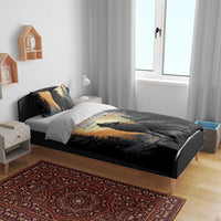Black wolf howling duvet set with 'Your Text' print and pine sunset artwork on bed