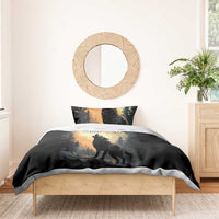 Black wolf howling duvet cover with pine sunset scene and mountain forest graphic