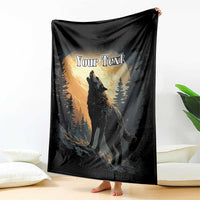 Black blanket hanging upright with howling wolf and 'Your Text' moonlit forest graphic