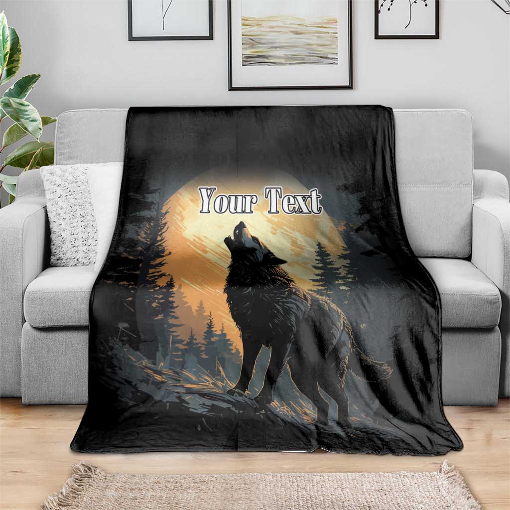 Black blanket draped over couch with howling wolf and 'Your Text' pine forest artwork
