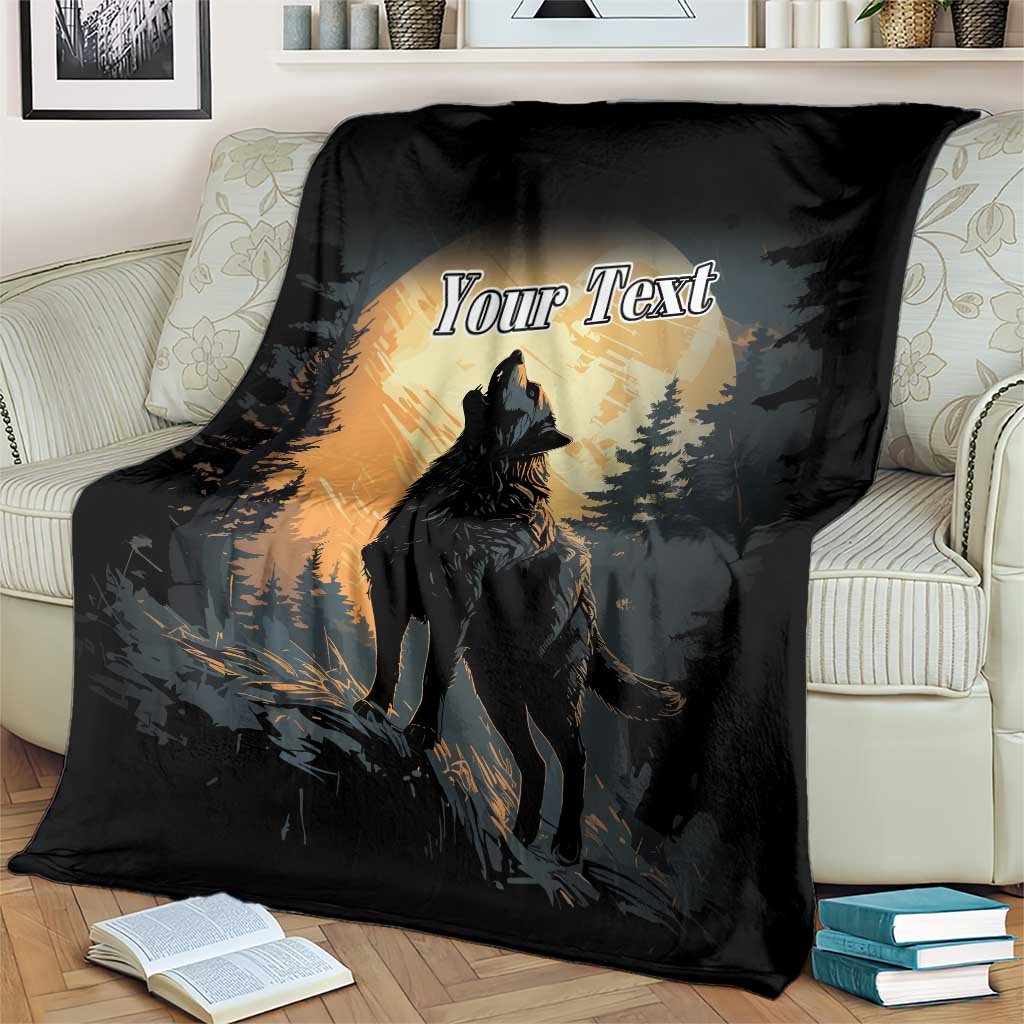 Black blanket on sofa featuring howling wolf, moon rays, and 'Your Text' graphic