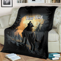 Black blanket on sofa featuring howling wolf, moon rays, and 'Your Text' graphic