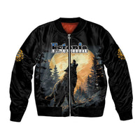 Black bomber jacket with front zipper, Estonia wolf graphic, ribbed cuffs and hem