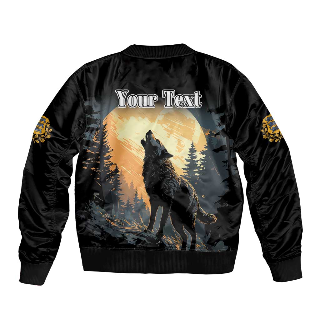 Black bomber jacket with front zipper, wolf graphic and 'Your Text', ribbed cuffs