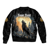 Black bomber jacket with front zipper, wolf graphic and 'Your Text', ribbed cuffs
