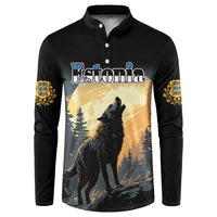 Black long-sleeve button sweatshirt with Estonia wolf graphic and gold patterned cuffs
