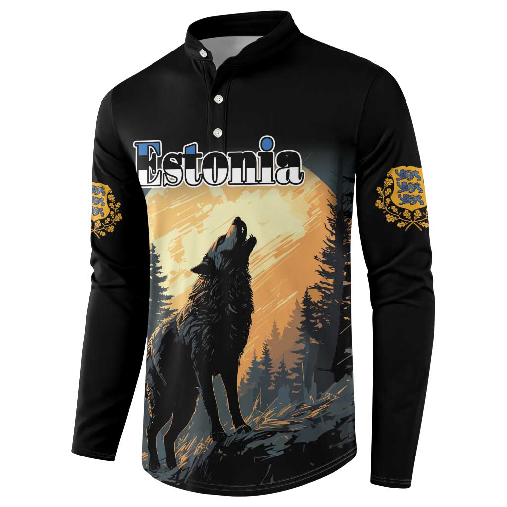 Black long-sleeve button sweatshirt with wolf and Estonia front print, gold patterned cuffs